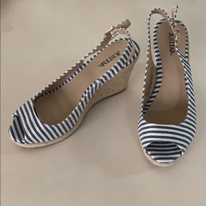 Blue and white striped wedge espadrilles